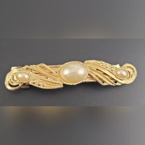 Vintage NOS PHILIPS Barrette Hair Clip Gold Tone Ornate Metal With Pearl Accents